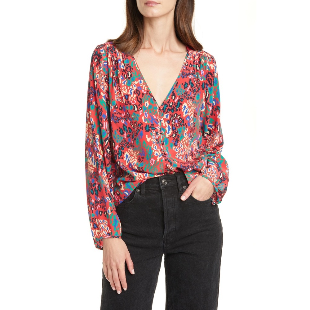 Tanya Taylor Barbara Leopard Print Silk Red Top